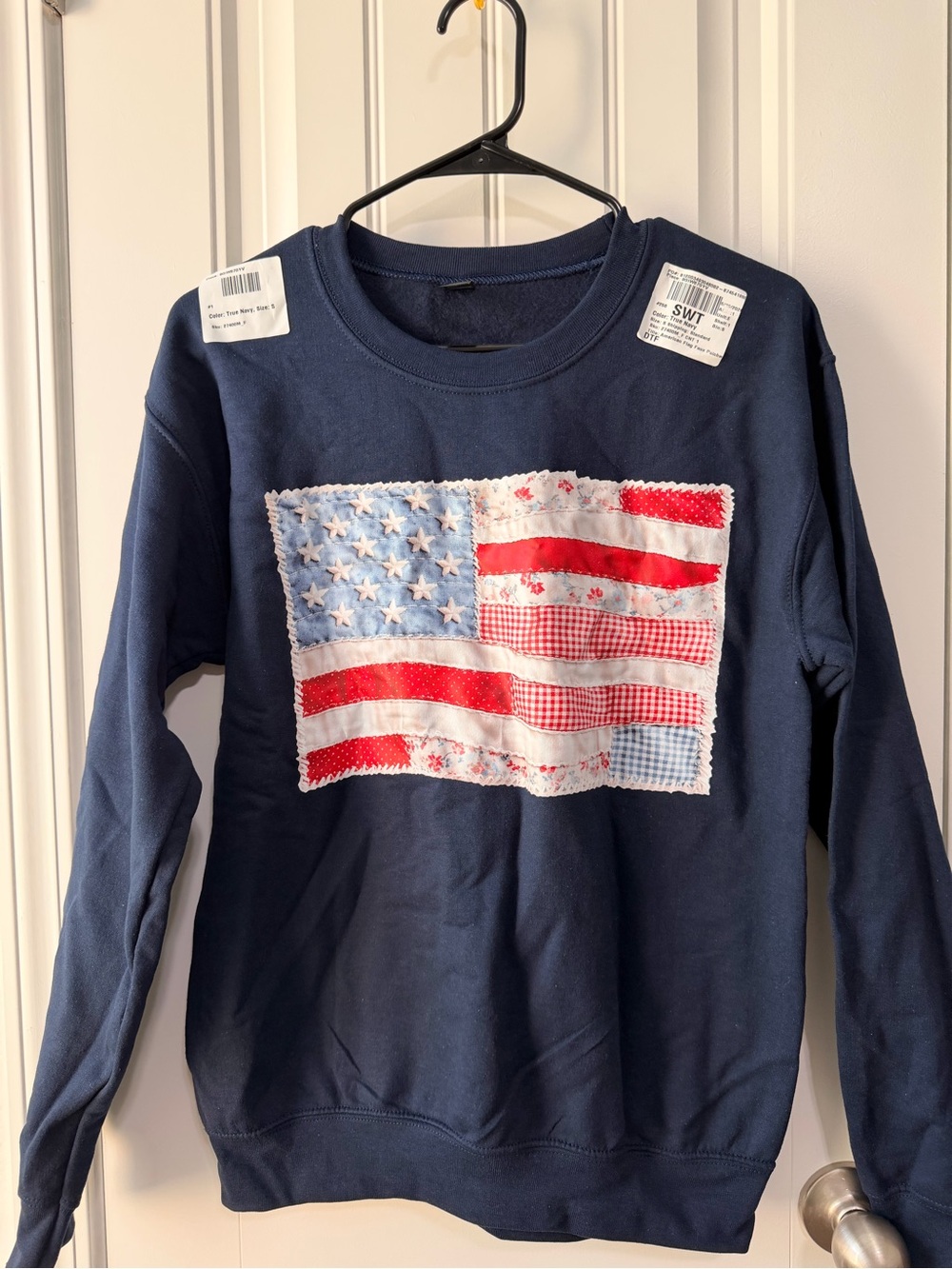 Target Navy Crewneck Sweatshirt with Red, White & Light Blue FAUX Patchwork Flag
